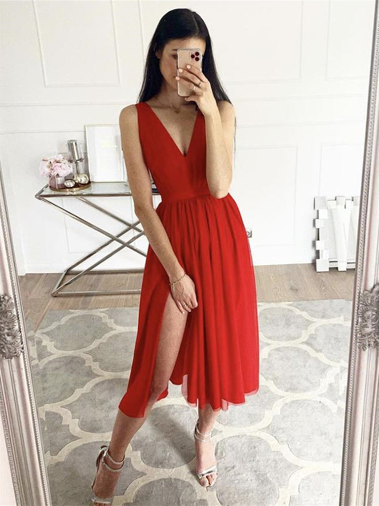 A Line V Neck Red Chiffon Tea Length Prom Dresses with Slit, Red Formal Graduation Homecoming Dresses
