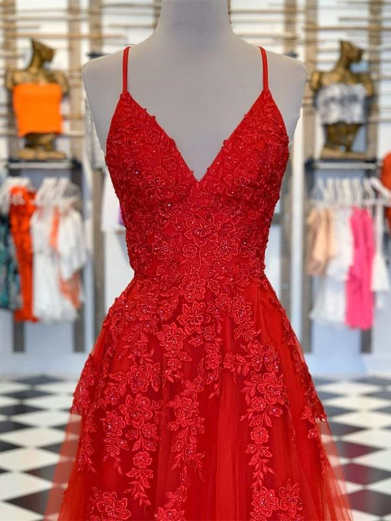 A Line V Neck Red Lace Long Prom Dresses, V Neck Red Formal Dresses, R Shiny Party A Line V Neck Red Lace Long Prom Dresses, V Neck Red Formal Dresses, R Shiny Party