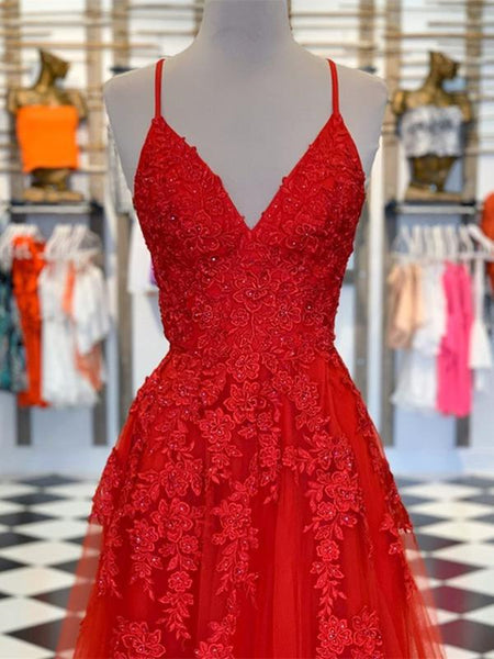 A Line V Neck Red Lace Long Prom Dresses, V Neck Red Formal Dresses, Red Lace Evening Dresses