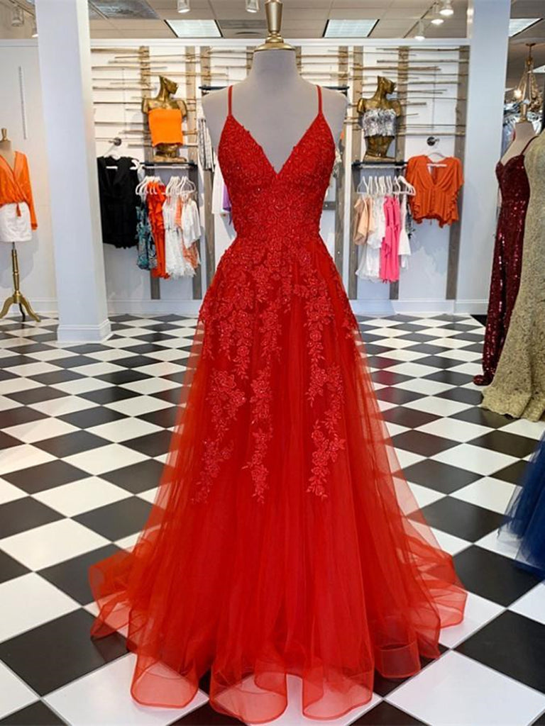 A Line V Neck Red Lace Long Prom Dresses, V Neck Red Formal Dresses, Red Lace Evening Dresses A Line V Neck Red Lace Long Prom Dresses, V Neck Red Formal Dresses, Red Lace Evening Dresses
