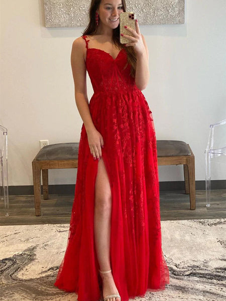 A Line V Neck Red Lace Tulle Long Prom Dresses with High Slit, Floor Length Red Lace Formal Graduation Evening Dresses SP2335