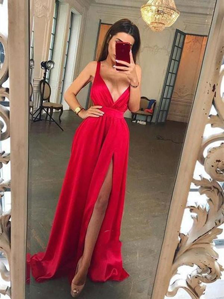 A Line V Neck Red Prom Dress With Slit, V Neck Red Formal Dress, Red V Neck Bridesmaid Dress