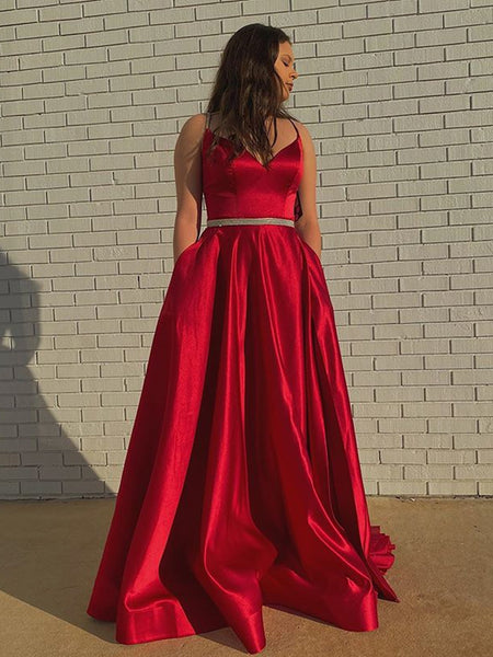 A Line V Neck Red Satin Long Prom Dresses with Belt, V Neck Red Formal Dresses, Red Evening Dresses