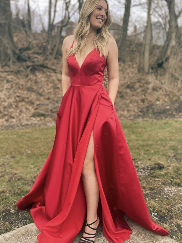 A Line V Neck Red Satin Long Prom Dresses with High Slit, Red Formal G Shiny Party A Line V Neck Red Satin Long Prom Dresses with High Slit, Red Formal G Shiny Party