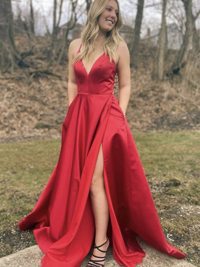 A Line V Neck Red Satin Long Prom Dresses with High Slit, Red Formal Graduation Evening Dresses with Pocket