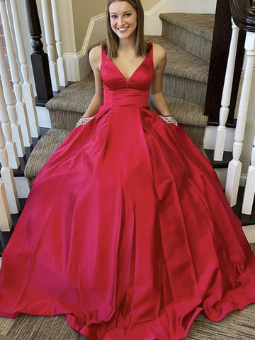 A Line V Neck Red Satin Long Prom Dresses with Pocket, V Neck Red Formal Dresses, Red Evening Dresses