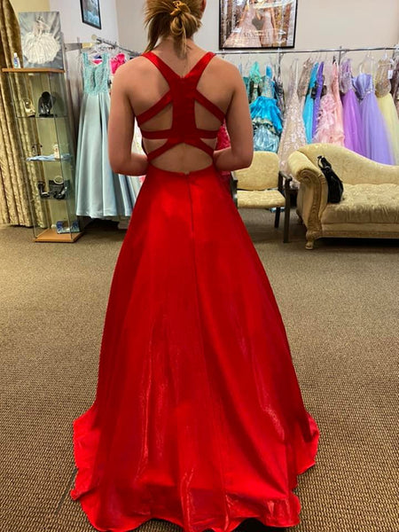 A Line V Neck Red Satin Long Prom Dresses with Pocket, V Neck Red Formal Graduation Evening Dresses SP2356