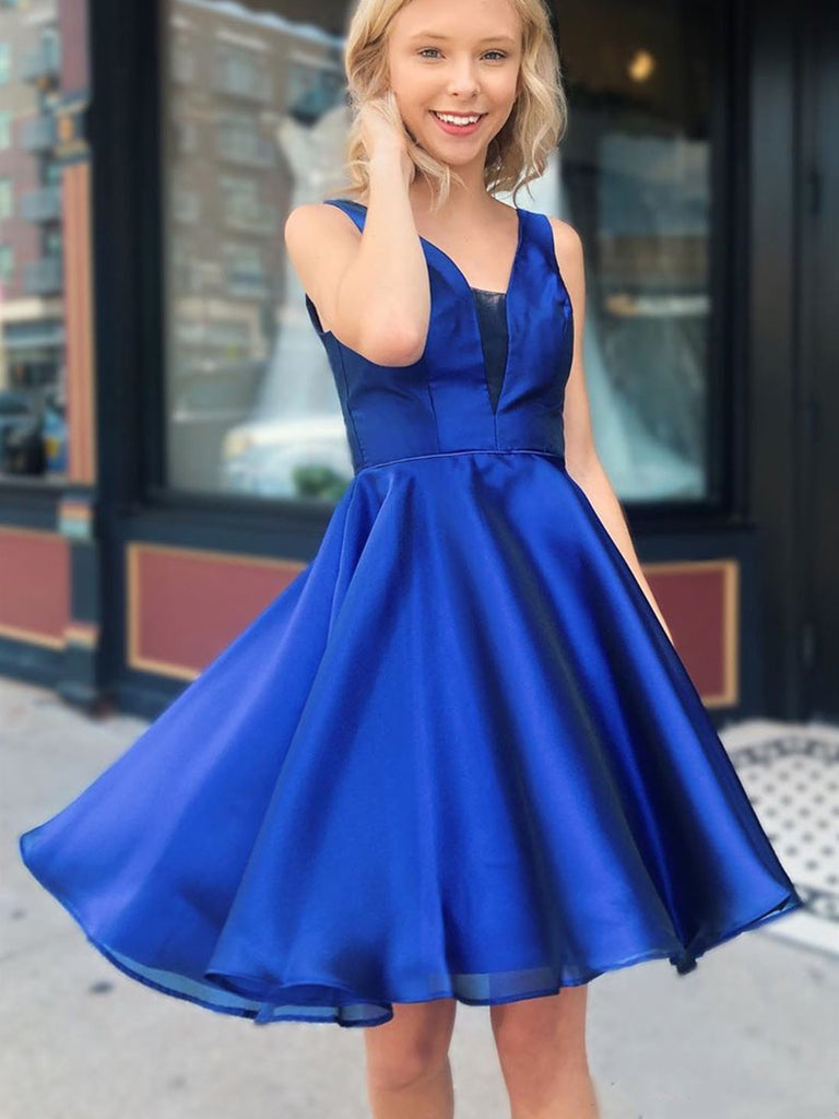 A Line V Neck Royal Blue Short Prom Dresses, V Neck Royal Blue Homecoming Dresses, Short Royal Blue Formal Evening Dresses SP2076