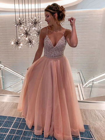 A Line V Neck Sequins Pink Long Prom Dresses with Straps, V Neck Pink Formal Graduation Evening Dresses