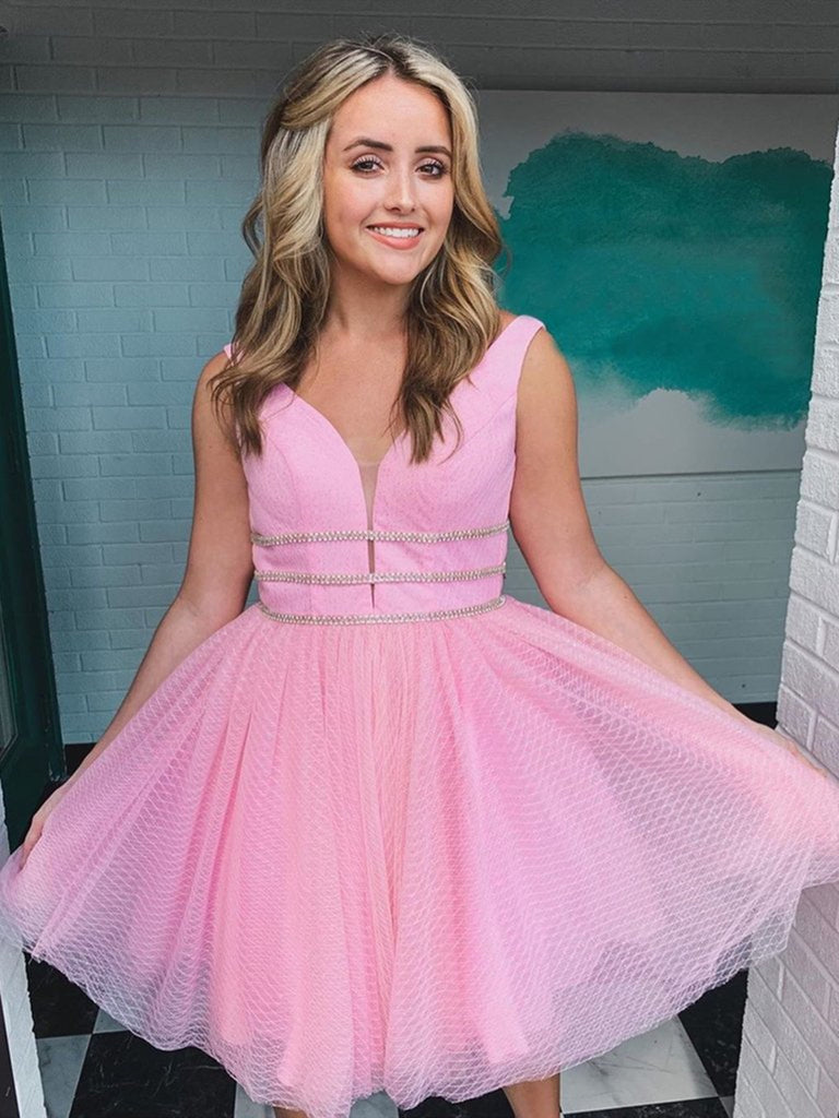 A Line V Neck Short Pink Prom Dresses with Belt, V Neck Pink Homecomin Shiny Party A Line V Neck Short Pink Prom Dresses with Belt, V Neck Pink Homecomin Shiny Party