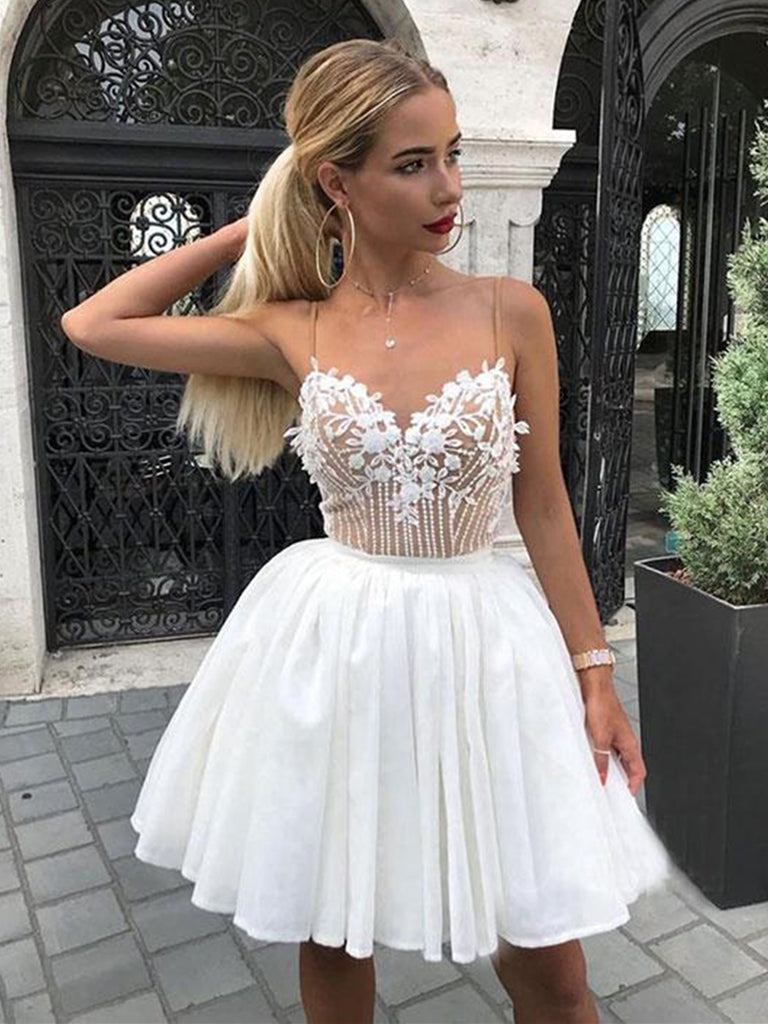 A Line V Neck Short White Lace Prom Dresses with Straps, White Lace Fo Shiny Party A Line V Neck Short White Lace Prom Dresses with Straps, White Lace Fo Shiny Party