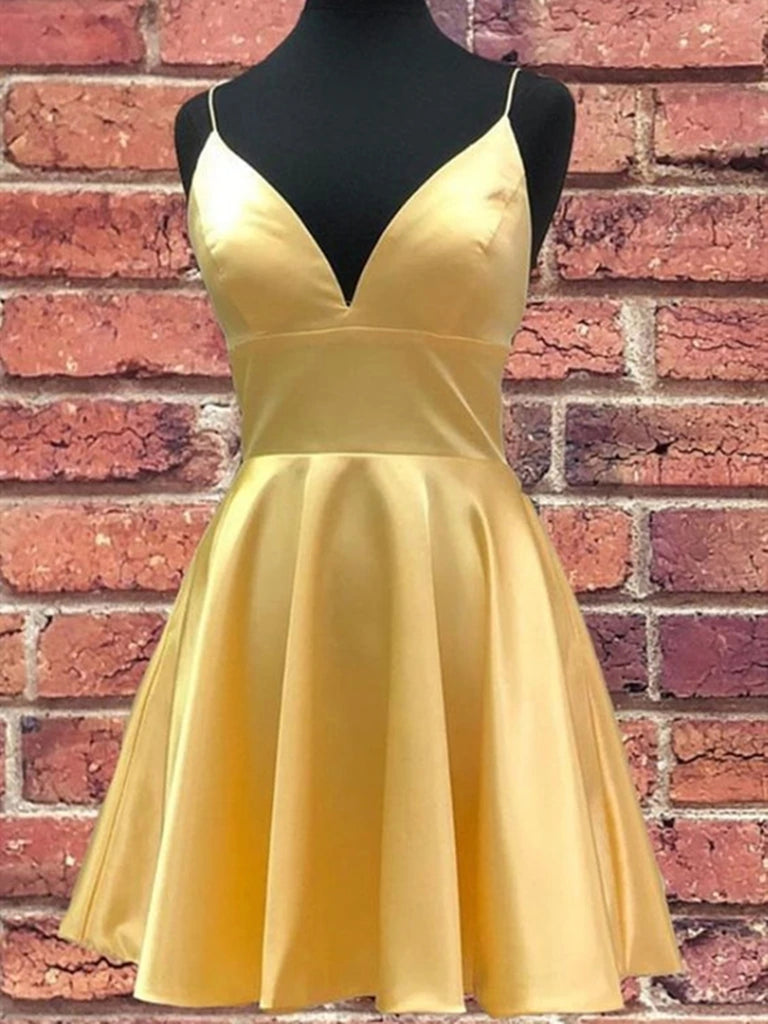 A Line V Neck Short Yellow Prom Dresses, Short V Neck Yellow Formal Ho Shiny Party A Line V Neck Short Yellow Prom Dresses, Short V Neck Yellow Formal Ho Shiny Party