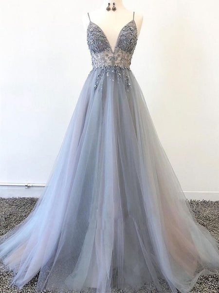 A Line V Neck Silver Grey Tulle Beaded Long Prom Dresses, Silver Grey Beaded Formal Graduation Evening Dresses