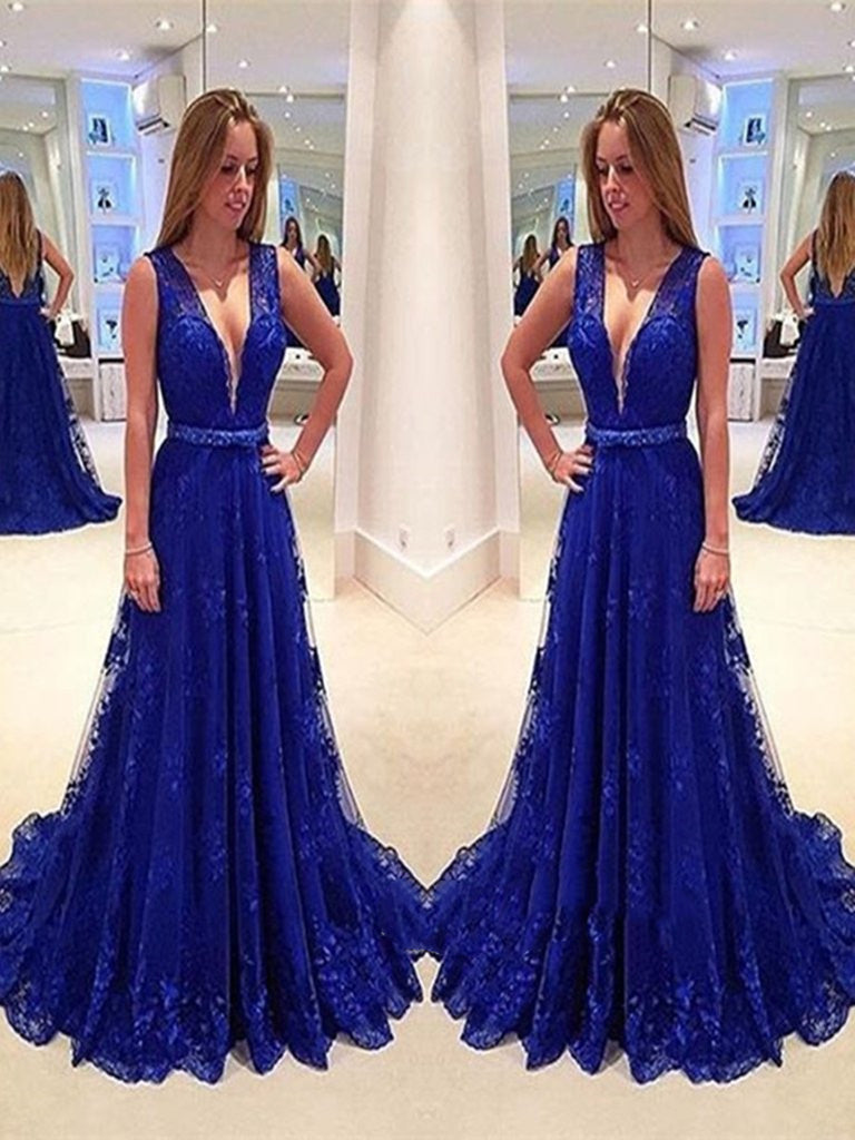 A Line V Neck Sweep Train Royal Blue Lace Prom Dress, Royal Blue Lace Formal Dress