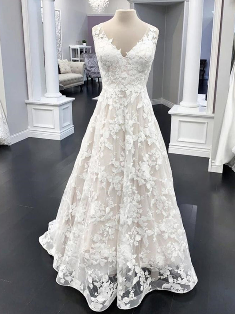 A Line V Neck White Floral Lace Long Prom Dresses, White Floral Lace F Shiny Party A Line V Neck White Floral Lace Long Prom Dresses, White Floral Lace F Shiny Party