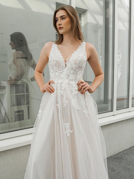 A Line V Neck White Lace Long Prom Dresses, White Lace Wedding Dresses, White Formal Evening Dresses SP2530