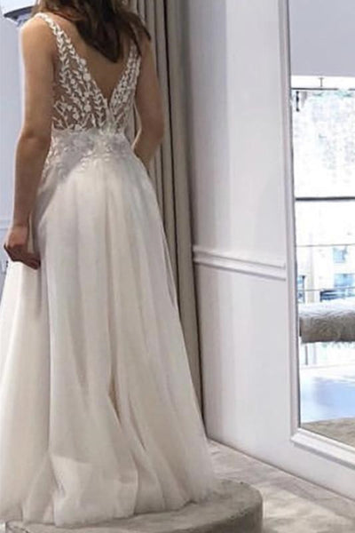 A Line V Neck White Lace Long Prom Dresses, White Lace Wedding Dresses, White Formal Evening Dresses SP2159
