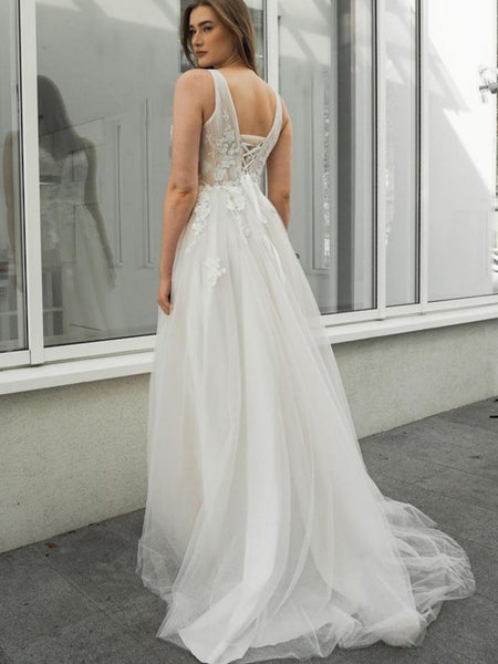 A Line V Neck White Lace Long Prom Dresses, White Lace Wedding Dresses, White Formal Evening Dresses SP2530