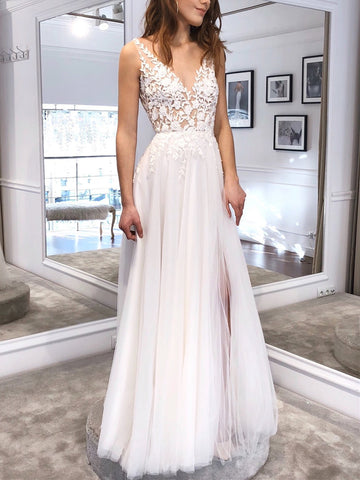 A Line V Neck White Lace Long Prom Dresses, White Lace Wedding Dresses, White Formal Evening Dresses SP2159