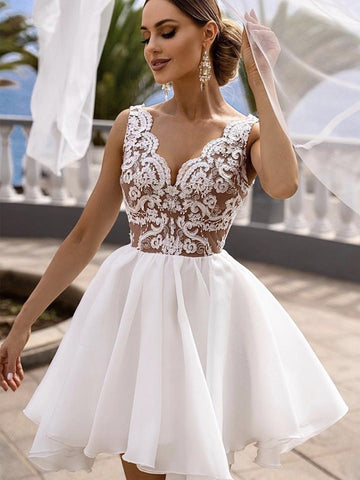 A Line V Neck White Lace Short Prom Dresses, White Lace Formal Graduation Homecoming Dresses