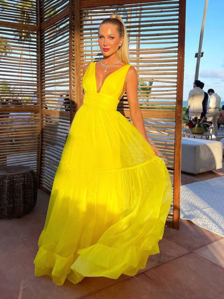 A Line V Neck Yellow Tulle Long Prom Dresses, Long Yellow Formal Gradu Shiny Party A Line V Neck Yellow Tulle Long Prom Dresses, Long Yellow Formal Gradu Shiny Party