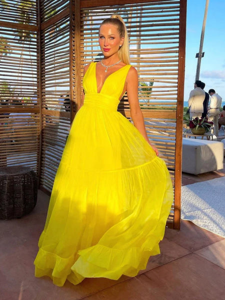 A Line V Neck Yellow Tulle Long Prom Dresses, Long Yellow Formal Graduation Evening Dresses SP2601
