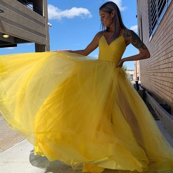 A Line V Neck Yellow Tulle Long Prom Dresses, V Neck Yellow Formal Graduation Evening Dresses SP2249