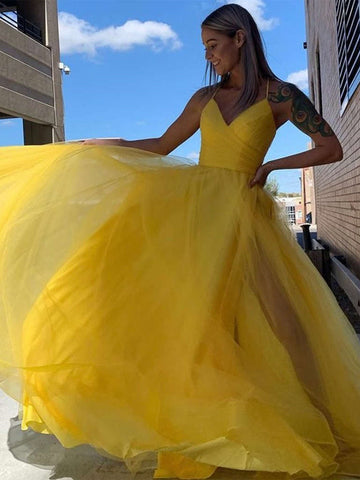 A Line V Neck Yellow Tulle Long Prom Dresses, V Neck Yellow Formal Graduation Evening Dresses SP2249