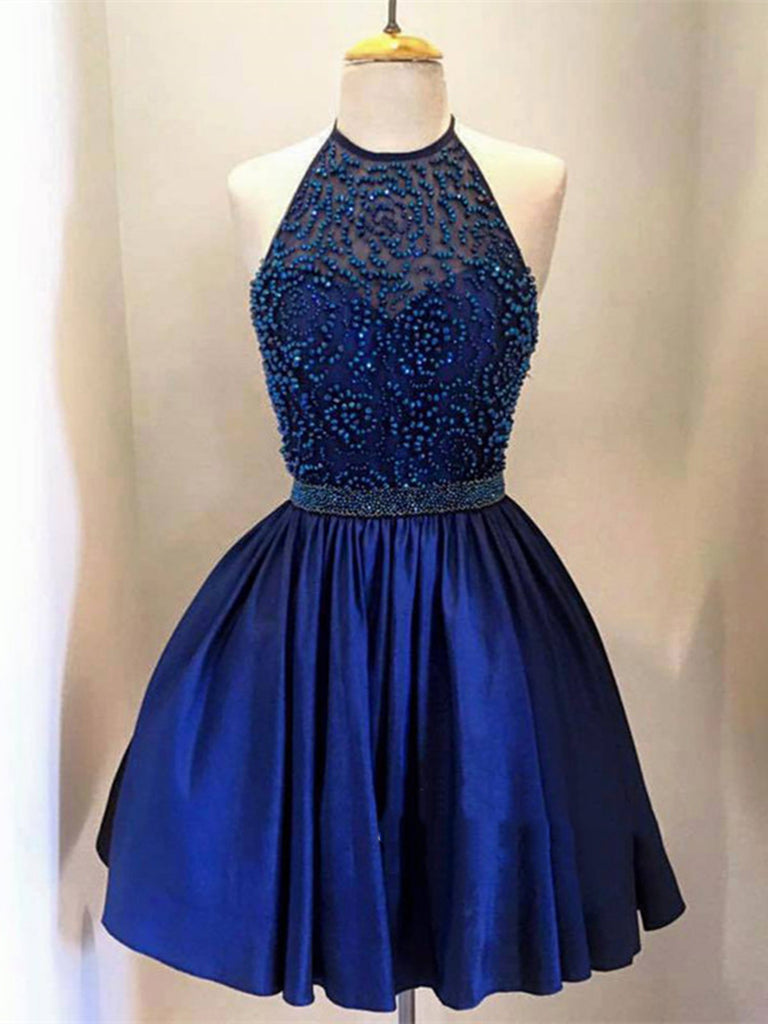 A Line Round Neck Short Navy Blue Lace Prom Dress, Short Navy Blue Gra