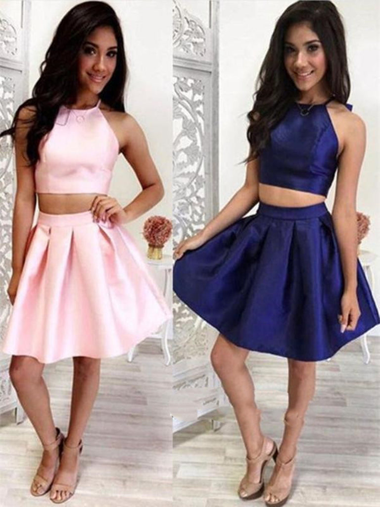 A Line 2 Pieces Short Pink/Blue Prom Dresses, 2 Pieces Homecoming Dresses, Pink/Blue Graduation Dresses