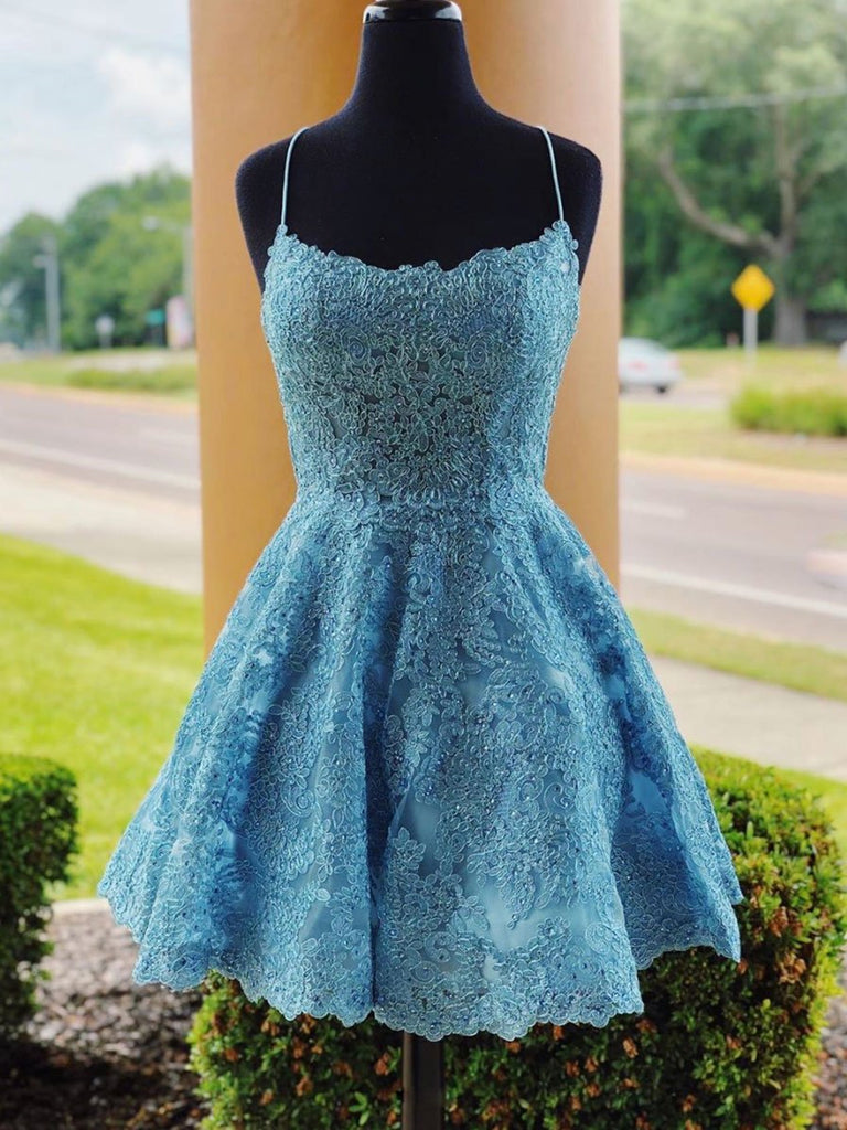 A Line Backless Lace Blue Short Prom Dresses Homecoming Dresses, Backless Blue Lace Formal Graduation Evening Dresses