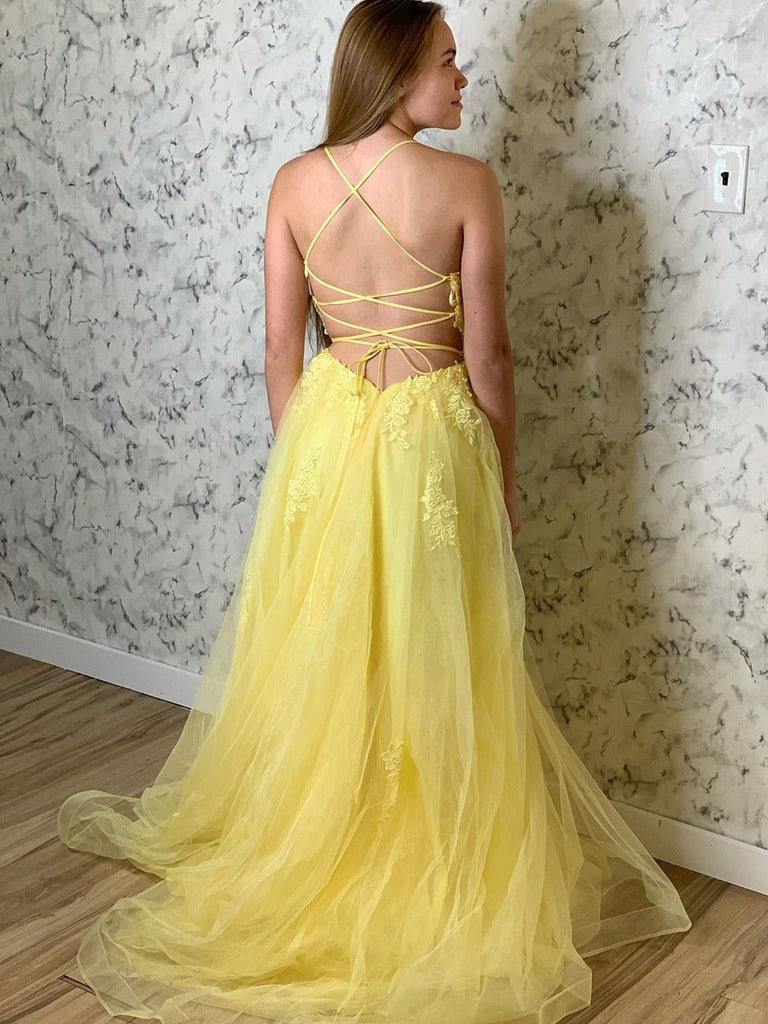 A Line Backless Tulle Long Lace Appliques Yellow Prom Dresses, Backles Shiny Party A Line Backless Tulle Long Lace Appliques Yellow Prom Dresses, Backles Shiny Party