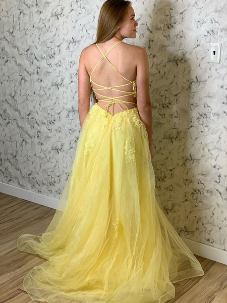 A Line Backless Tulle Long Lace Appliques Yellow Prom Dresses, Backless Yellow Lace Formal Dresses, Lace Yellow Evening Dresses