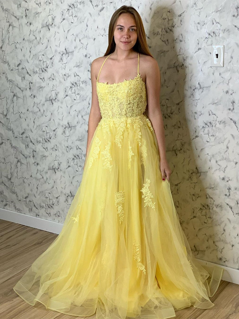Yellow A line lace long prom dress, yellow formal dress – toptby