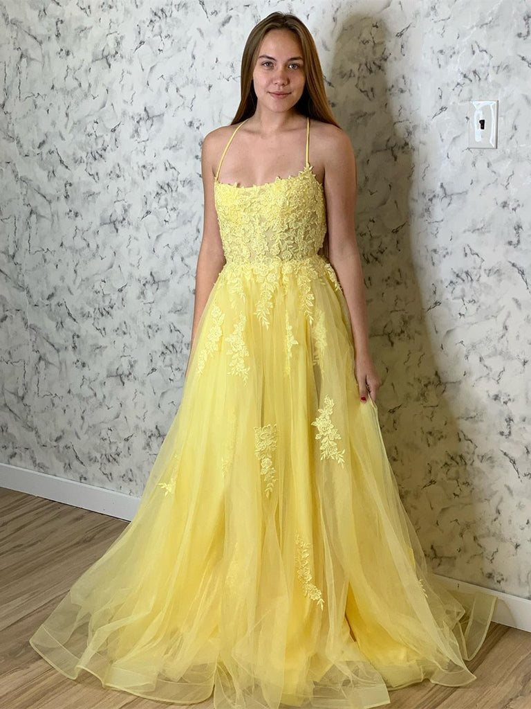 A Line Backless Tulle Long Lace Appliques Yellow Prom Dresses, Backles Shiny Party A Line Backless Tulle Long Lace Appliques Yellow Prom Dresses, Backles Shiny Party