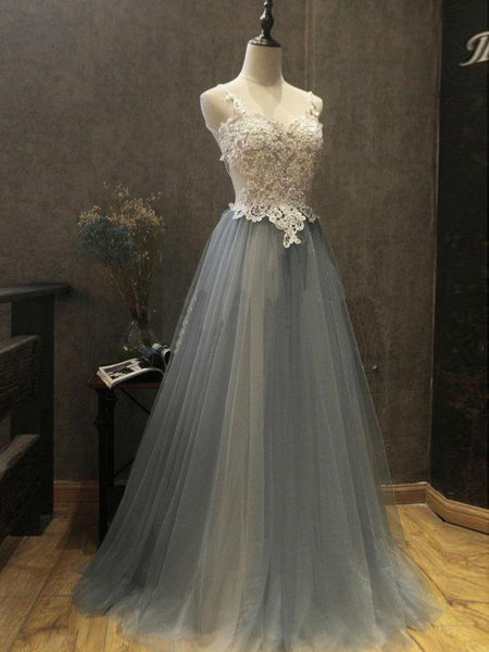 A Line Backless White Lace Beading Gray Tulle Long Prom Dresses, Lace Gray Formal Dresses, Backless Gray Long Evening Dresses