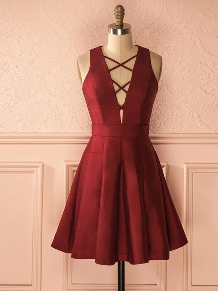 A Line Deep V Neck Burgundy Satin Short Prom Homecoming Dresses, V Nec Shiny Party A Line Deep V Neck Burgundy Satin Short Prom Homecoming Dresses, V Nec Shiny Party