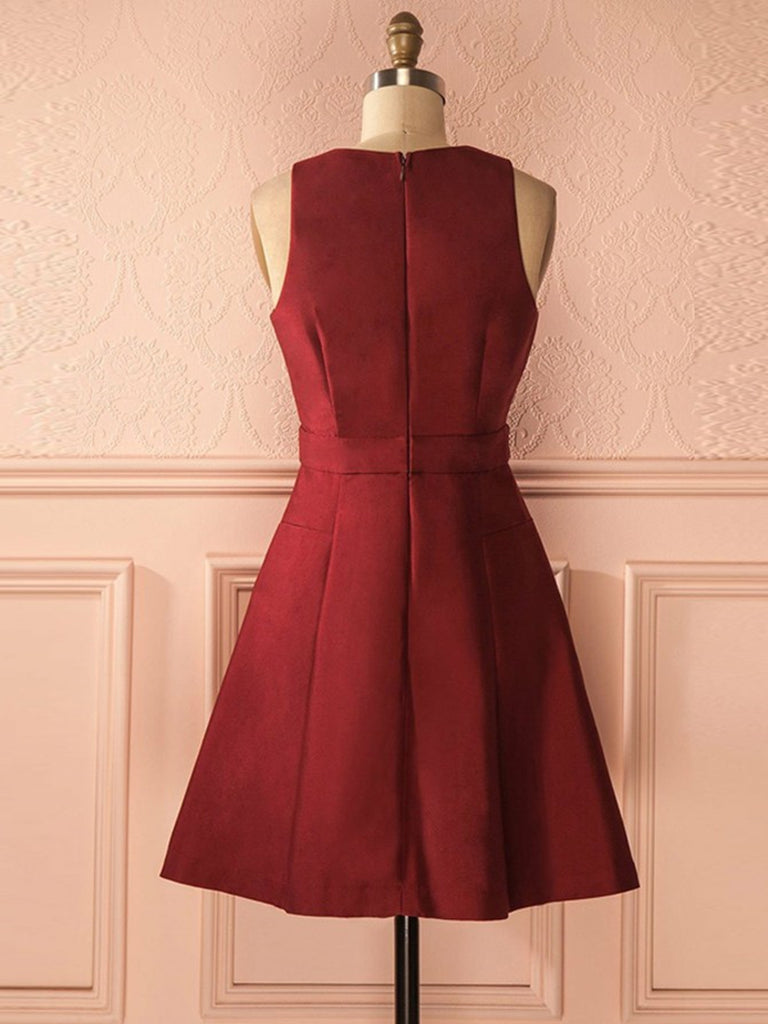 A Line Deep V Neck Burgundy Satin Short Prom Homecoming Dresses, V Nec Shiny Party A Line Deep V Neck Burgundy Satin Short Prom Homecoming Dresses, V Nec Shiny Party