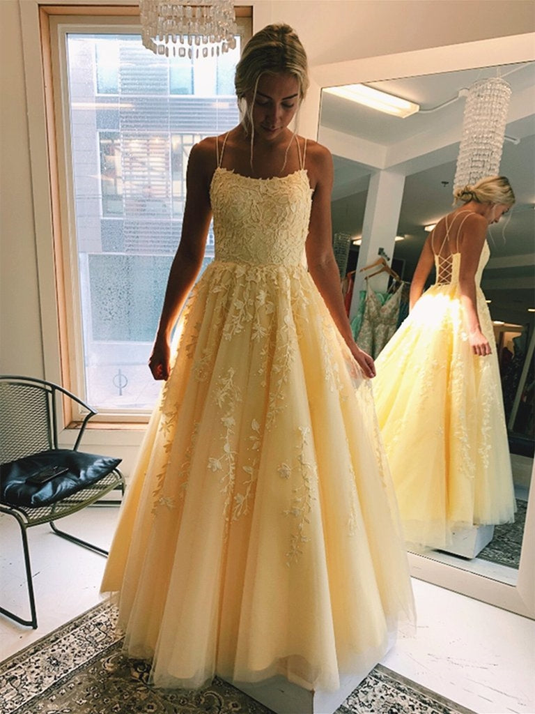 A Line Floor Length Long Yellow Lace Prom Dresses, Yellow Lace Formal Graduation Evening Dresses
