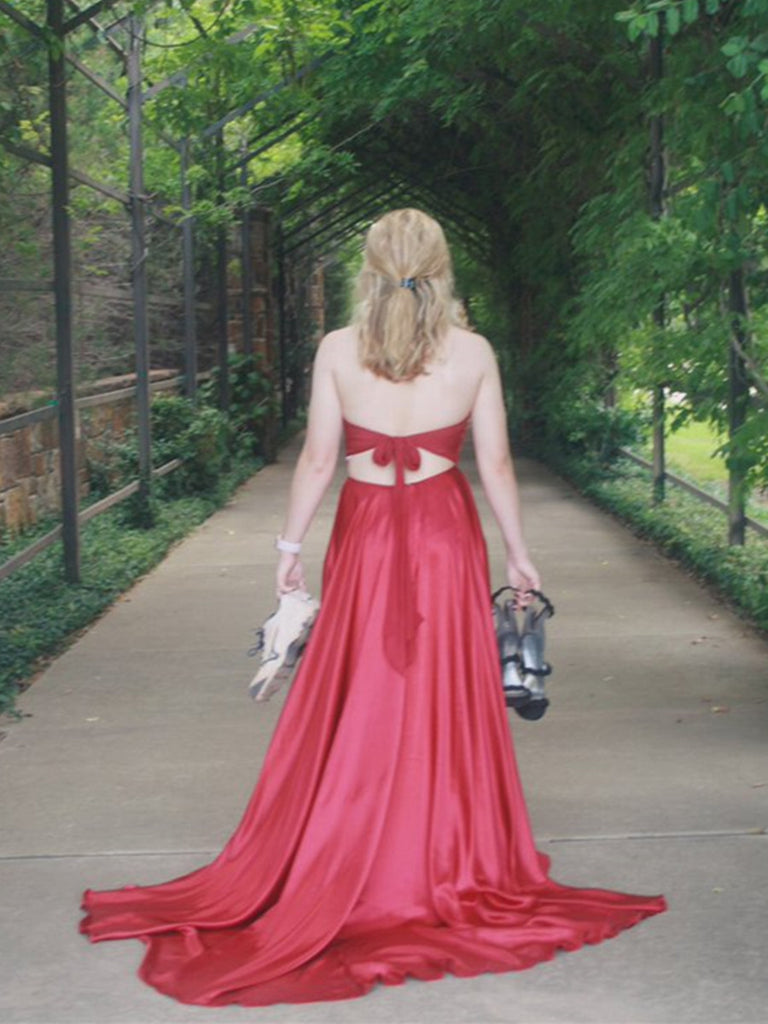 A Line Halter Neck 2 Pieces Lace Red Long Prom Dresses with Leg Slit, Shiny Party A Line Halter Neck 2 Pieces Lace Red Long Prom Dresses with Leg Slit, Shiny Party