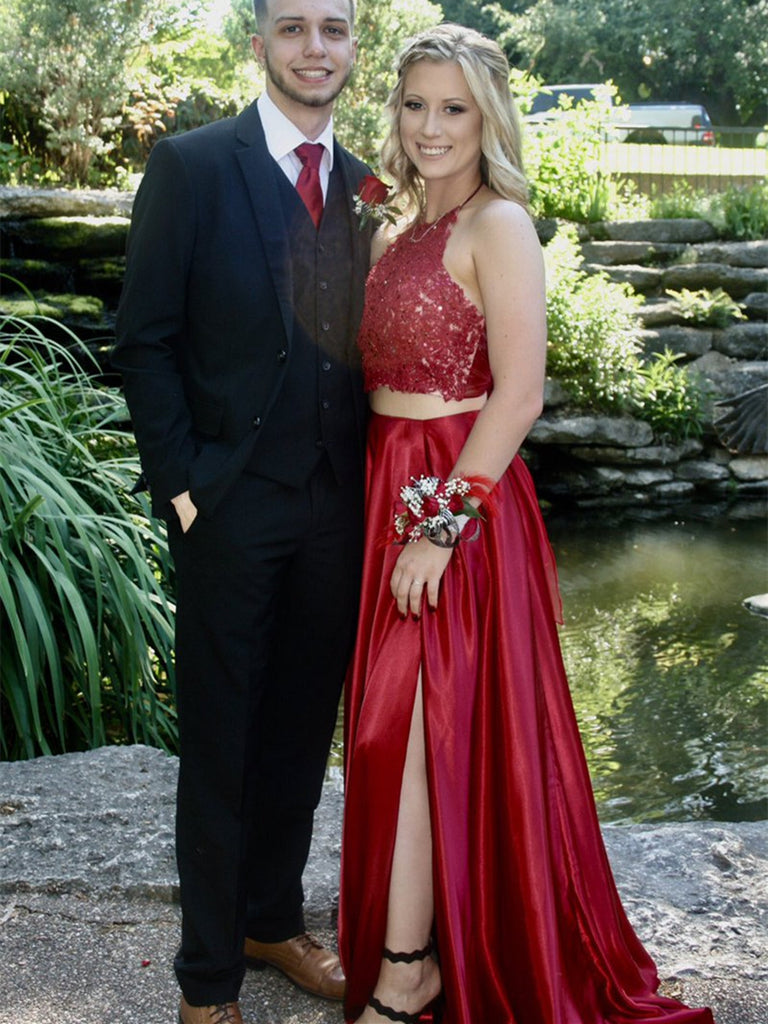red halter prom dress A Line Halter Neck 2 Pieces Lace Red Long Prom Dresses with Leg Slit, – Shiny Party