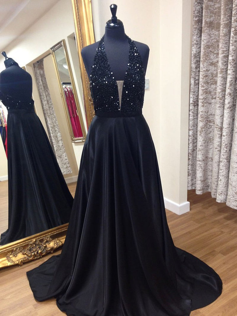 A Line Halter Neck Backless Beaded Black Long Prom Dresses, V Neck Black Formal Dresses, Backless Black Evening Dresses