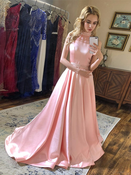 A Line Halter Neck Backless Beading Satin Long Pink Prom Dresses, Backless Pink Formal Dresses, Pink Evening Dresses
