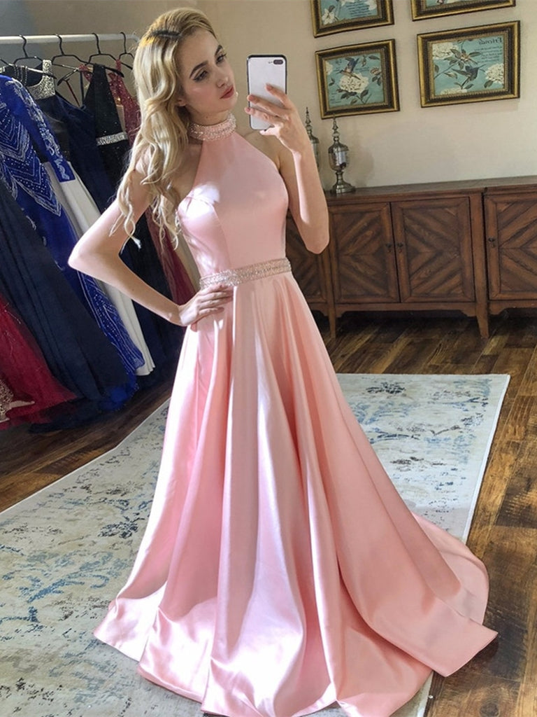 A Line Halter Neck Backless Beading Satin Long Pink Prom Dresses, Backless Pink Formal Dresses, Pink Evening Dresses A Line Halter Neck Backless Beading Satin Long Pink Prom Dresses, Backless Pink Formal Dresses, Pink Evening Dresses