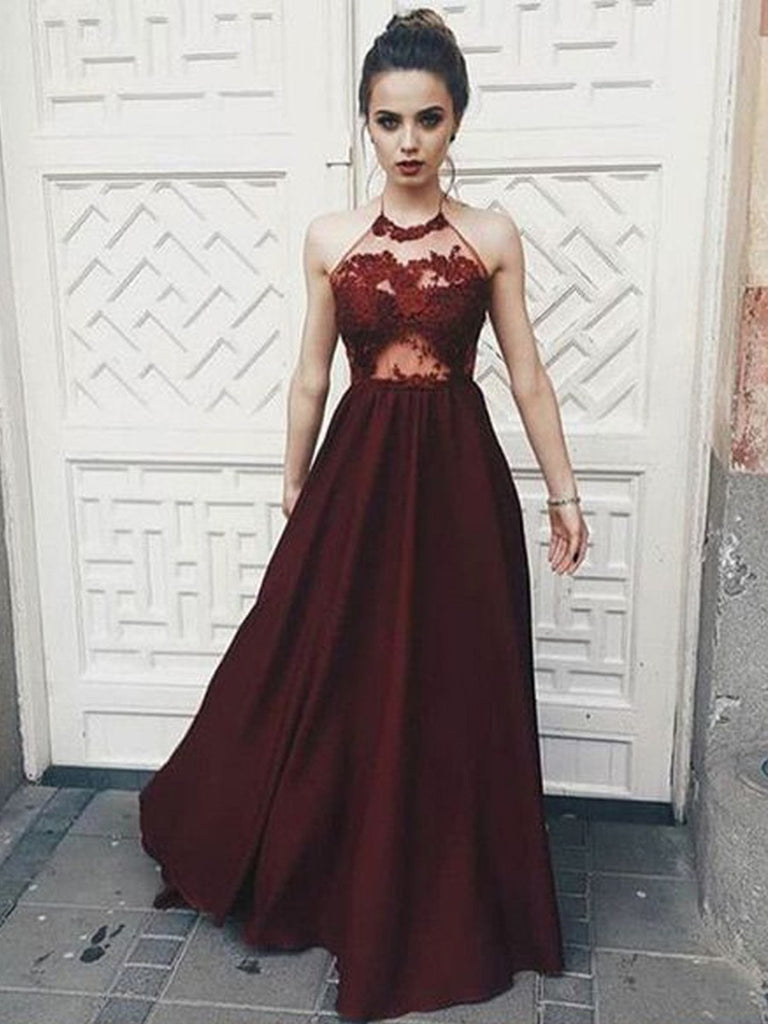 A Line Halter Neck Backless Floor Length Lace Maroon Long Prom Dresses, Maroon Lace Formal Dresses, Evening Dresses A Line Halter Neck Backless Floor Length Lace Maroon Long Prom Dresses, Maroon Lace Formal Dresses, Evening Dresses