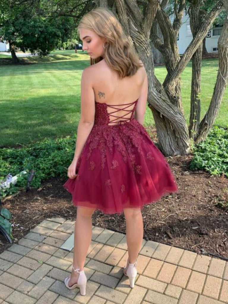 A Line Halter Neck Cross Back Burgundy Lace Short Prom Dresses Homecom Shiny Party A Line Halter Neck Cross Back Burgundy Lace Short Prom Dresses Homecom Shiny Party