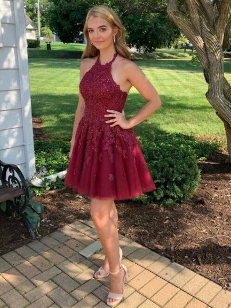 A Line Halter Neck Cross Back Burgundy Lace Short Prom Dresses Homecom Shiny Party A Line Halter Neck Cross Back Burgundy Lace Short Prom Dresses Homecom Shiny Party