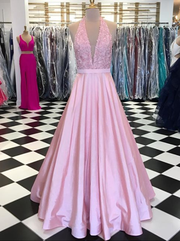 A Line Halter Neck Lace Pink Prom Dress, Lace Formal Dress, Pink Evening Dress