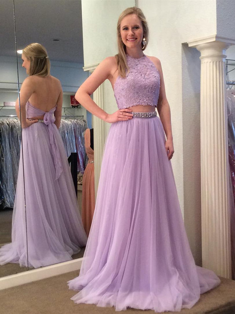 A Line Halter Neck Two Pieces Backless Lace Lavender Prom Dresses, Lav Shiny Party A Line Halter Neck Two Pieces Backless Lace Lavender Prom Dresses, Lav Shiny Party