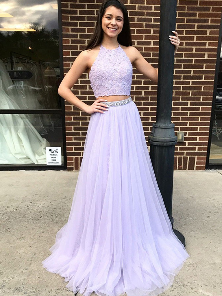 A Line Halter Neck Two Pieces Backless Lace Lavender Prom Dresses, Lav Shiny Party A Line Halter Neck Two Pieces Backless Lace Lavender Prom Dresses, Lav Shiny Party